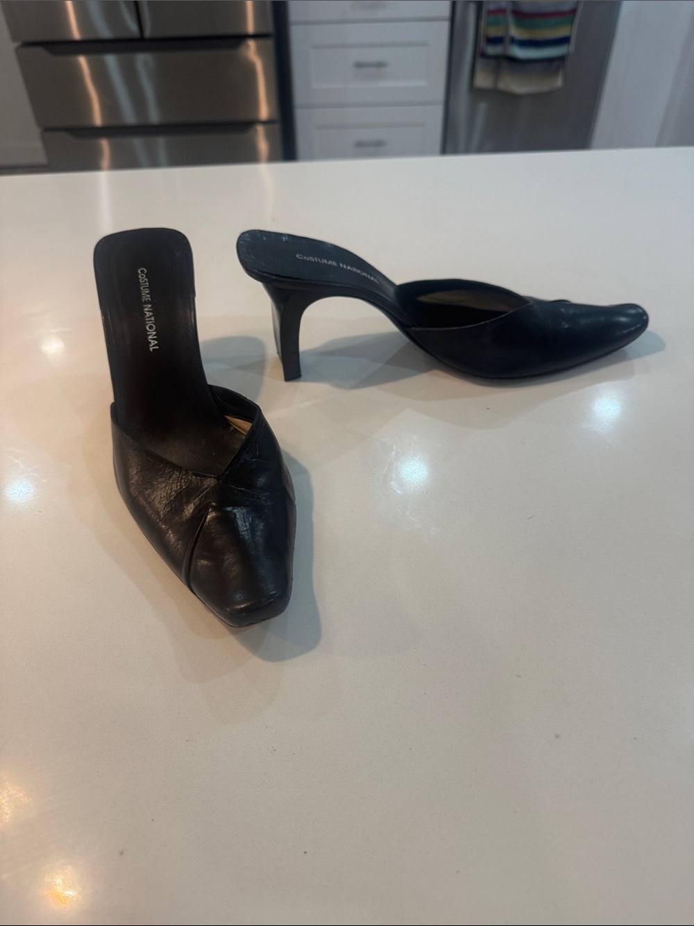 Costume National Black Leather Pointed Slip-On Mules